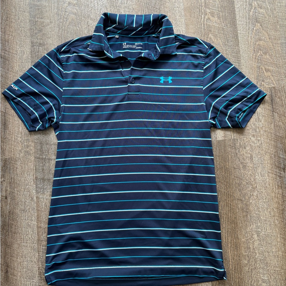 Under Armour Men's Dark Blue Polo with Light Blue Stripes